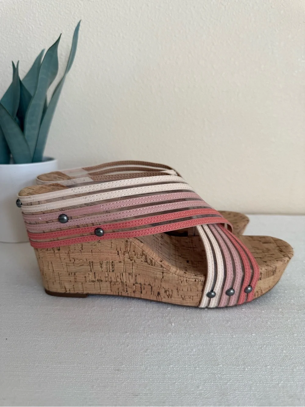 New Lucky Brand Mykayla Strappy Cork Wedge Sandals in Pink & Neutral Tones